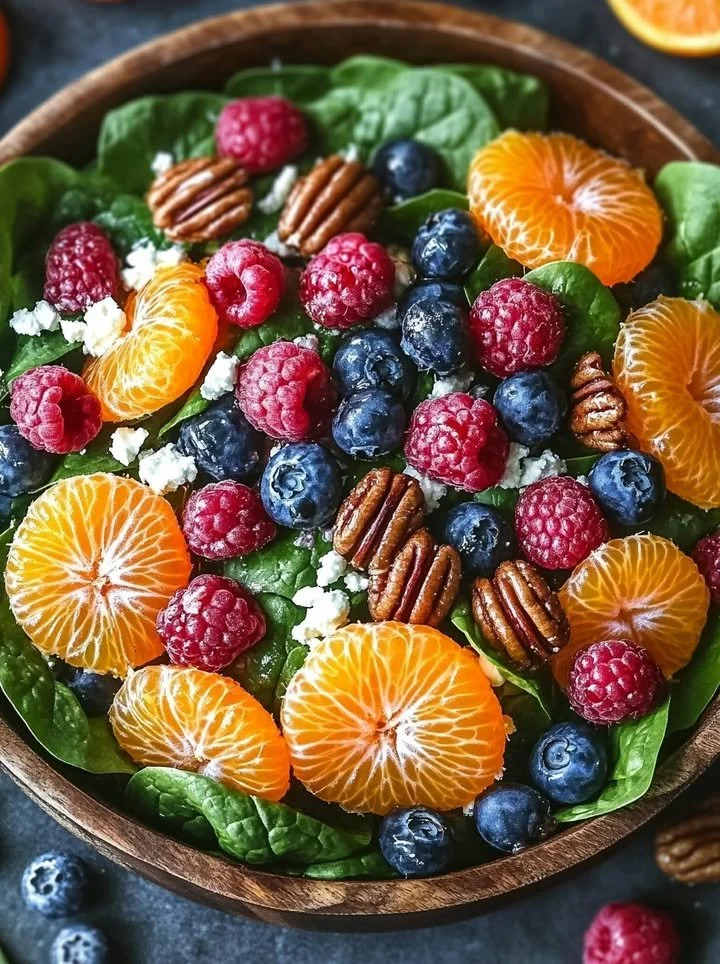 Colorful fresh salad with spinach, blueberries, raspberries, mandarin oranges, pecans, and feta cheese topped with honey-balsamic dressing.