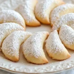 Freshly baked Almond Crescent Cookies dusted with powdered sugar