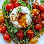 Asparagus Tomato Salad topped with Burrata cheese on a rustic wooden table