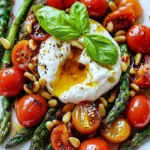 Asparagus Tomato Salad with Burrata Cheese garnished with fresh herbs