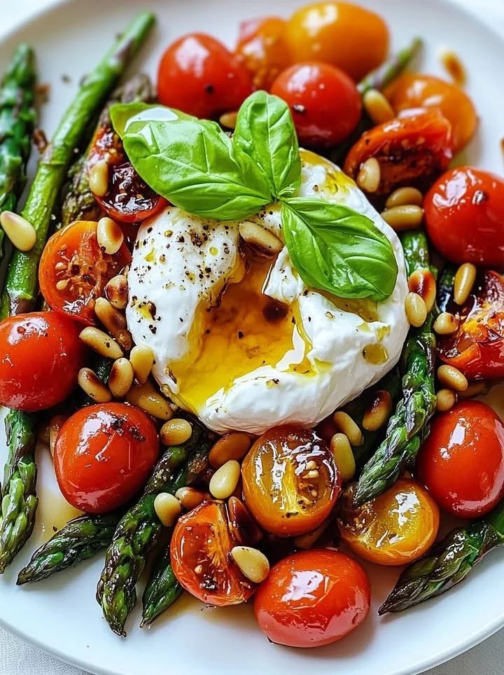 Asparagus Tomato Salad with Burrata Cheese garnished with fresh herbs