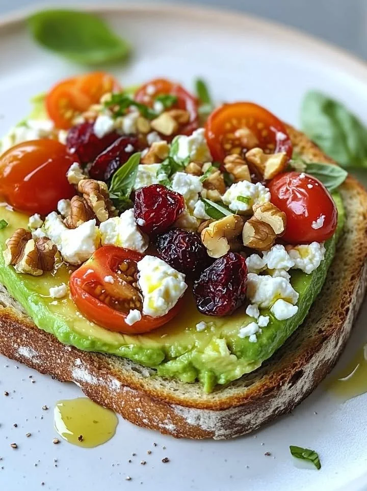 Delicious avocado feta toast topped with herbs and served on rustic bread