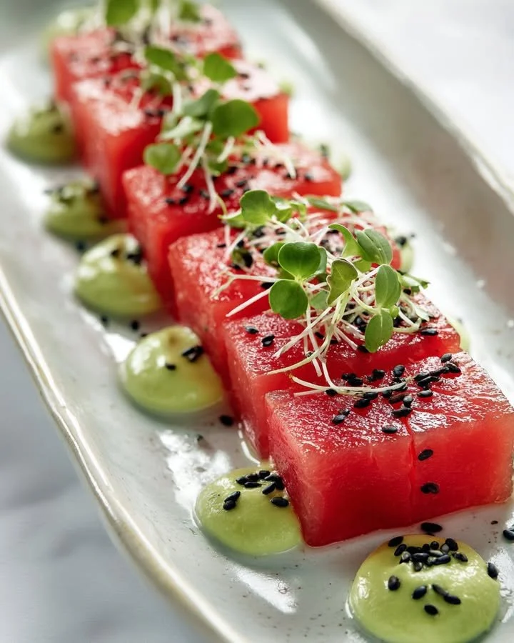 Avocado-Wasabi Cream served with slices of Watermelon 'Tuna'