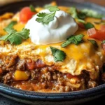 Delicious baked burrito casserole served in a baking dish with toppings