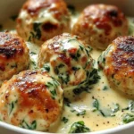 Baked chicken ricotta meatballs served with spinach alfredo sauce