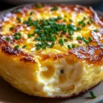 Baked cottage cheese eggs served in a bowl, garnished with herbs.