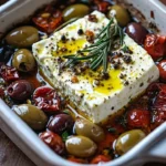 Baked feta dish with olives and sun-dried tomatoes served on a platter.