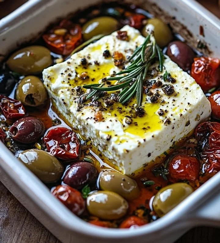 Baked feta dish with olives and sun-dried tomatoes served on a platter.