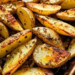 Baked mustard lemon potatoes with garlic and oregano on a serving plate.