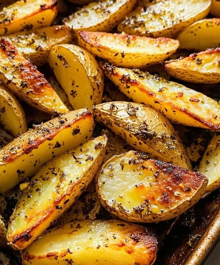 Baked mustard lemon potatoes with garlic and oregano on a serving plate.