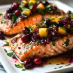 Baked salmon topped with cranberry salsa and pecans on a plate