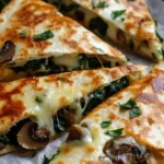 Baked spinach mushroom quesadillas served on a plate