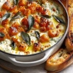 Baked whipped feta dip with goat cheese and sweet potato-sage topping
