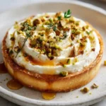 Delicious baked feta tart topped with pistachio crunch and chili honey drizzle
