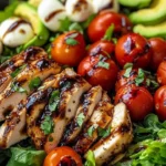 Balsamic glazed chicken salad with fresh greens and vibrant vegetables.