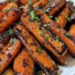 Plate of balsamic glazed roasted carrots garnished with herbs