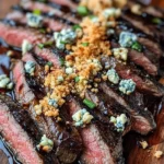 Balsamic marinated flank steak with a blue cheese crust served on a plate.