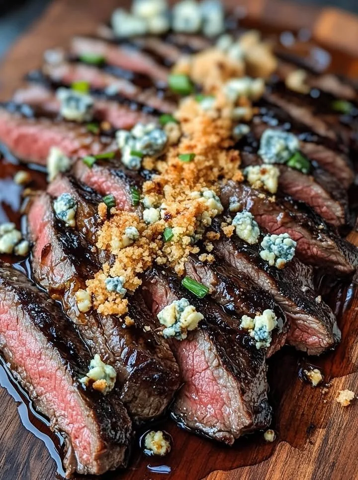 Balsamic marinated flank steak with a blue cheese crust served on a plate.