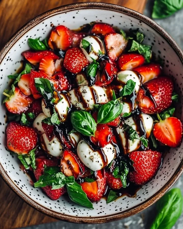 Balsamic Strawberry Caprese salad with fresh strawberries, mozzarella, and balsamic glaze.