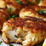 Delicious Baltimore crab cakes served with lemon and remoulade sauce.