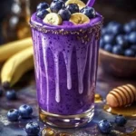 A vibrant Banana-Blueberry Smoothie in a glass topped with fresh berries.
