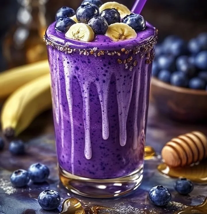 A vibrant Banana-Blueberry Smoothie in a glass topped with fresh berries.