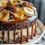 Delicious banana pecan caramel layer cake with rich frosting and pecans