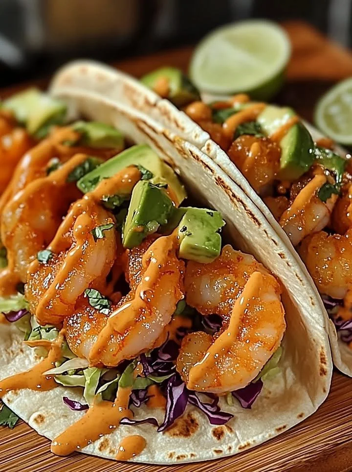 Delicious Bang Bang Shrimp Tacos topped with spicy sauce and fresh ingredients.