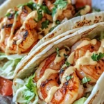 Bang Bang Shrimp Tacos topped with creamy sauce and fresh ingredients