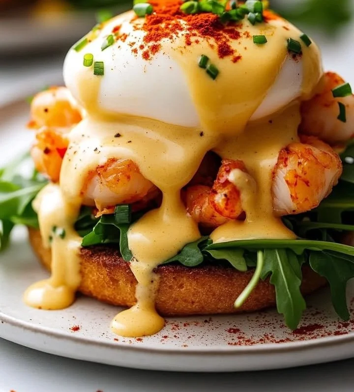 Delicious Bay Lobster Eggs Benedict topped with Cajun Hollandaise sauce