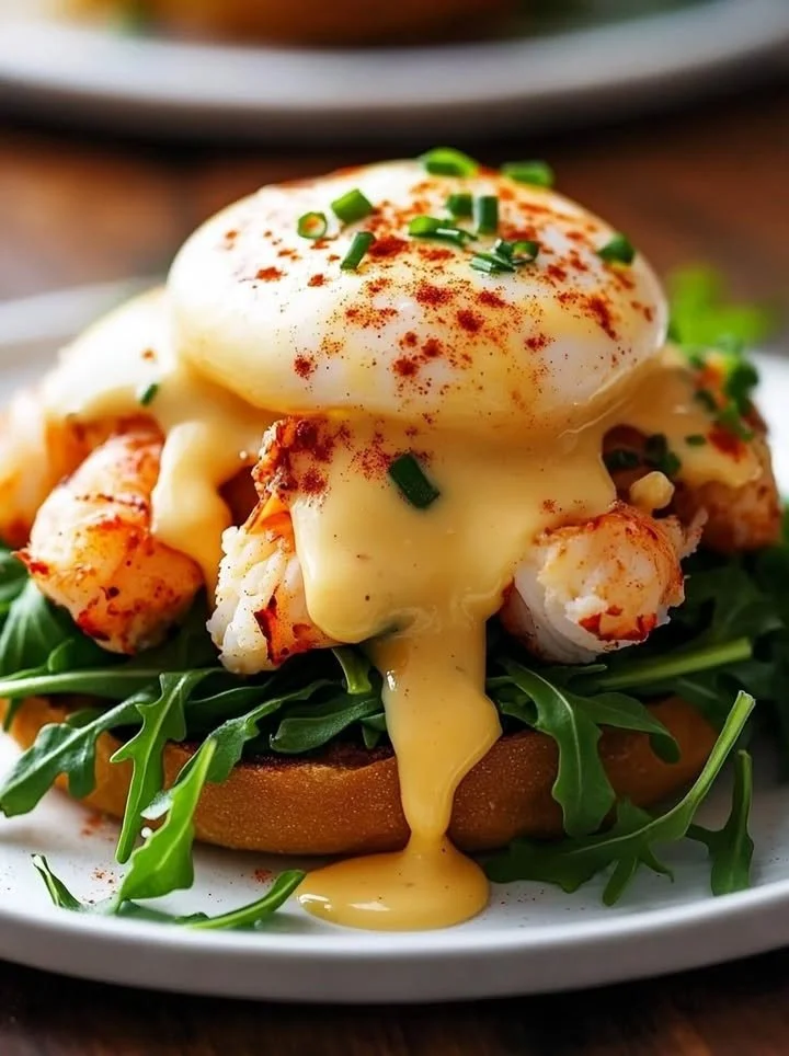 Delicious Bay Lobster Eggs Benedict topped with Cajun Hollandaise sauce.