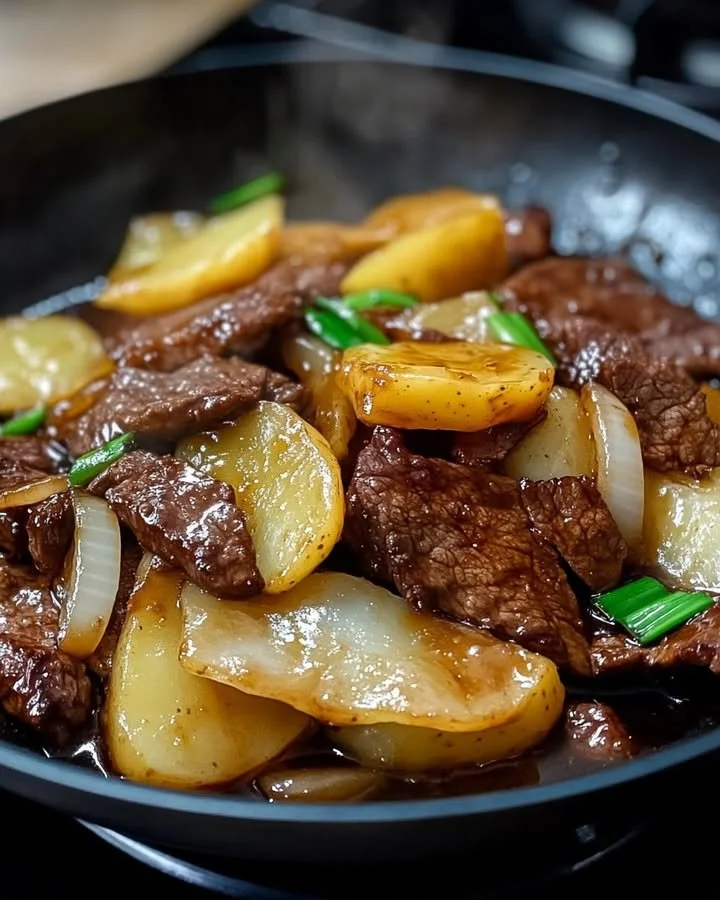 Delicious Beef and Potato Stir Fry dish served in a bowl