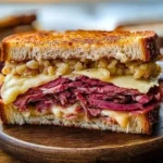 Delicious Beef Reuben sandwich with tender beef, sauerkraut, and melted cheese