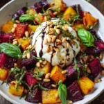 Beet & burrata salad with pine nuts and balsamic glaze on a plate.