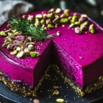 Beetroot feta cheesecake topped with dill and pistachio dust
