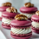 Beetroot macarons with savory whipped cheese on a wooden board