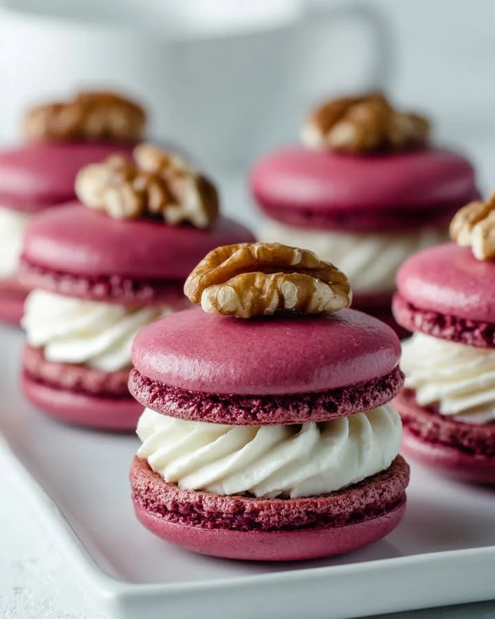 Beetroot macarons with savory whipped cheese on a wooden board