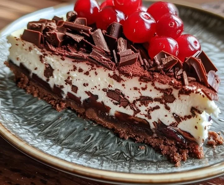 Delicious Black Forest Cheesecake topped with cherries and whipped cream.