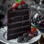 Delicious slice of Black Velvet Cake topped with cream cheese frosting.