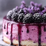 Slice of Blackberry Lavender Cream Cake with blackberries on top