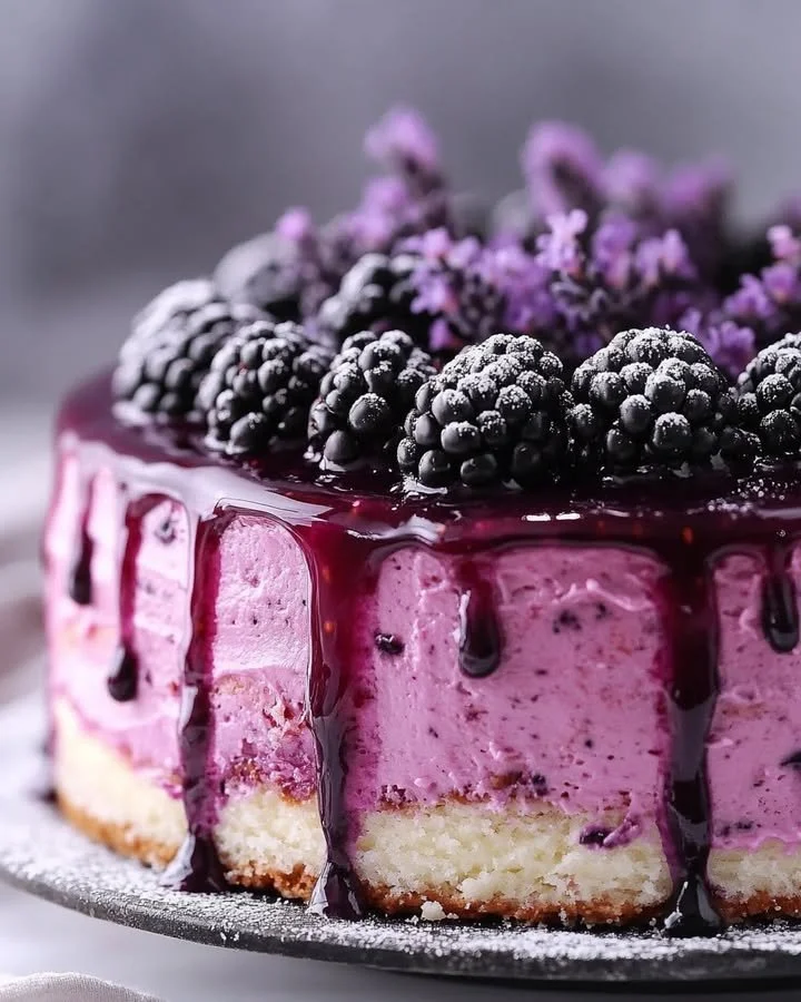 Slice of Blackberry Lavender Cream Cake with blackberries on top