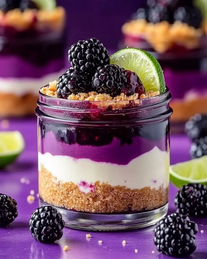 Delicious Blackberry Lime Cheesecake Jars with fresh blackberries and lime zest.