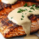 Blackened salmon served with creamy Dijon sauce on a plate