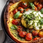 Blistered Tomato & Burrata Savory Dutch Baby topped with fresh ingredients
