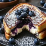 Blueberry cheesecake stuffed French toast topped with fresh blueberries and syrup.
