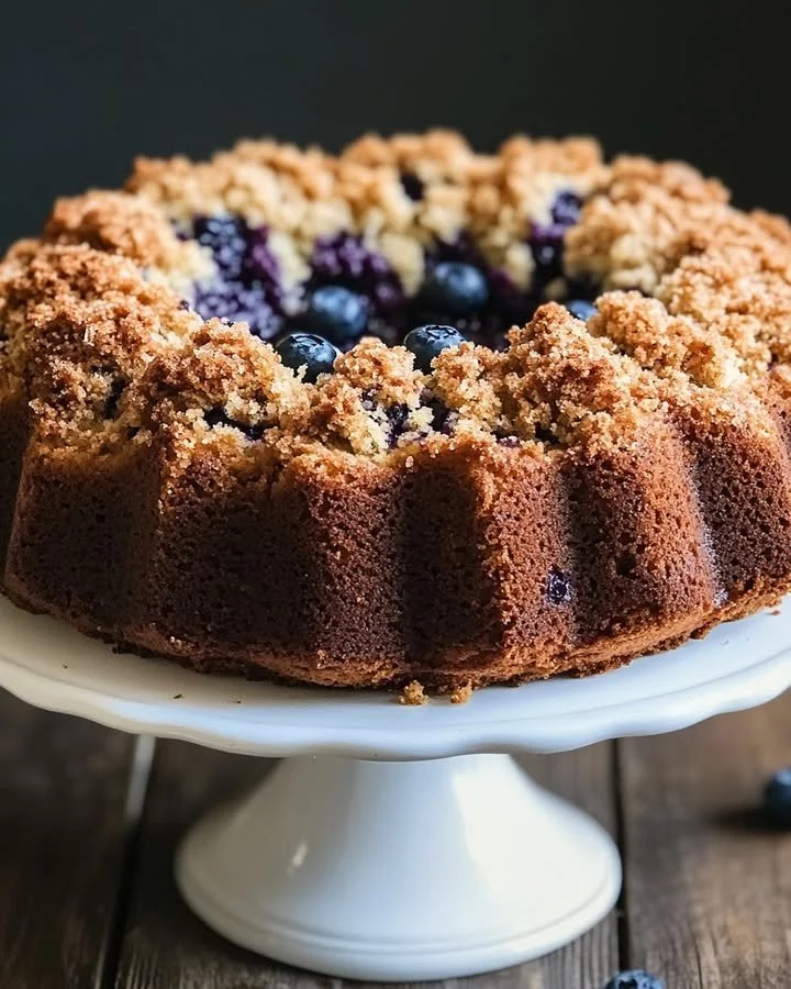 Delicious blueberry crumble coffee cake with a golden topping and fresh blueberries.