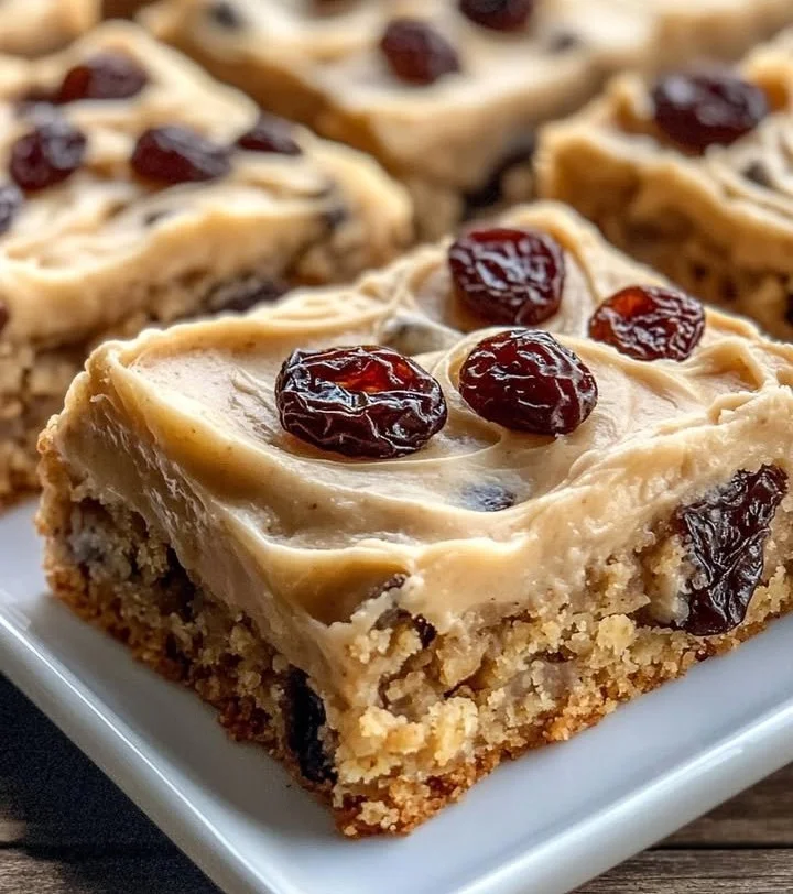 Brown butter oatmeal raisin cookie bars fresh out of the oven