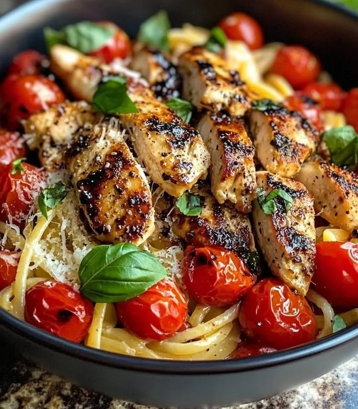 Plate of Bruschetta Chicken Pasta garnished with fresh basil and tomatoes