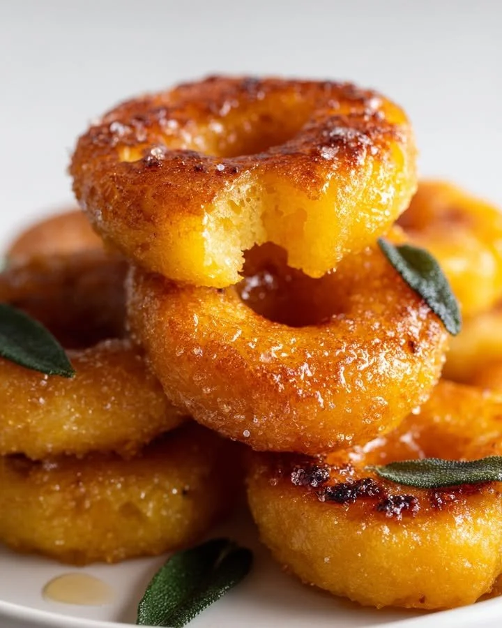 Butternut gnocchi donuts coated in brown butter sage sugar on a plate.
