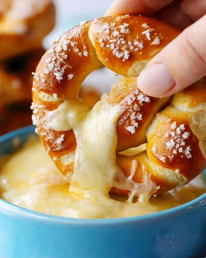 Buttery soft pretzels served with a warm cheese dip for dipping
